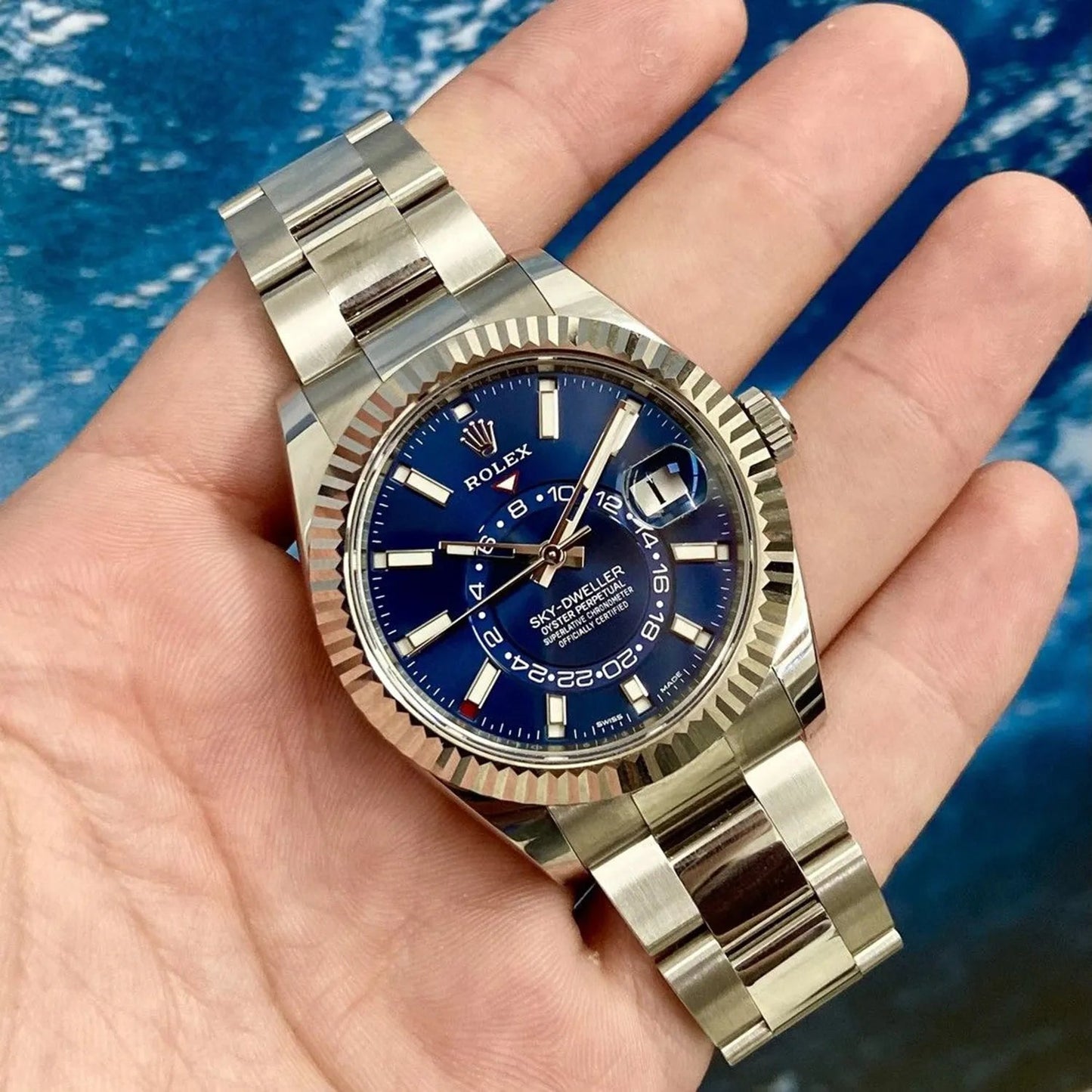 Sky-Dweller Blue Dial Gold Bezel Steel Band Men's Watch M326934-0003 Unworn