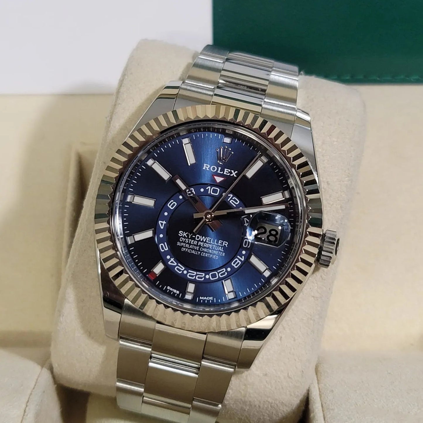 Sky-Dweller Blue Dial Gold Bezel Steel Band Men's Watch M326934-0003 Unworn